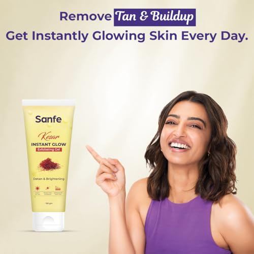 Image of Sanfe Kesar Instant Glow Exfoliating Gel | Visibly removes tan & brighten skin | AHA Exfoliation in Minutes | Smooth & Bright Skin | 100g