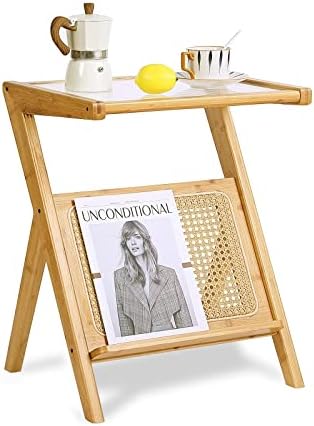 Tiita Rattan Nightstand Side Table, Bamboo Accent Bedside Tables, Glass Coffee Tables, Boho Wooden End Table with Storage for Small Space, Living Room and Bedroom