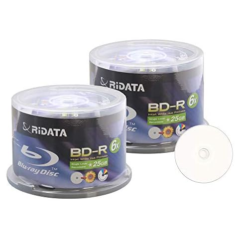 100 Pack Ridata 6X BD-R BDR 25GB Single Layer Blue Blu-ray White Inkjet Hub Printable Recordable Blank Media Disc with Spindle Packing Cover