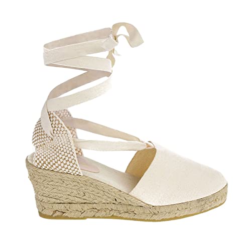 PAYMA - Sandalias Clásicas Cuñas de Esparto Yute de Mujer con Cintas al Tobillo. Hechas en España. Esparteras de Altura Media. Planta Acolchada en Tela. Atadas al Tobillo. Color: Beige, Talla: EU 38