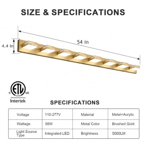 Image of LED Modern Bathroom Vanity Light Fixtures, Dimmable Gold Vanity Lights for Bathroom Lighting Fixtures Over Mirror, with 360 Rotatable Heads 8-Light 54-inch (Cool White 6000K)