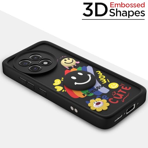Image of Pikkme Back Cover for OnePlus 13R 5G | Soft Silicone| Cute Rainbow Smile & 3D Cartoon Flower Design | Shockproof Raised Camera Protection Bumper Case (Black)