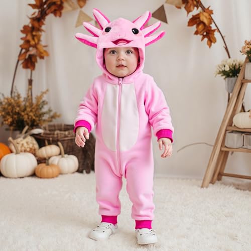 Infant Baby Girl Pink Dinosaur Clothes Axolotl Long Sleeve Zip Up Furry Hooded Romper Jumpsuit Outfits4