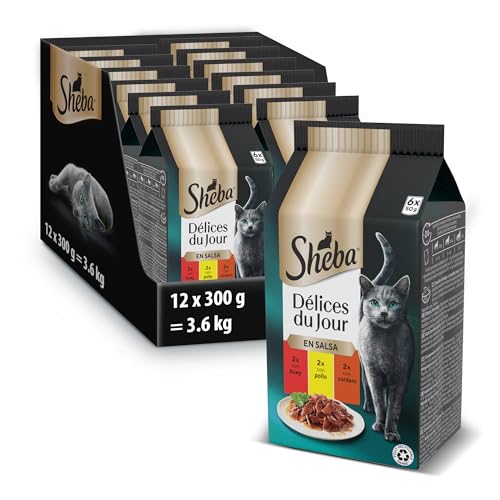 Sheba Délices du Jour Comida húmeda para Gatos, Sabor Carnes, Multipack (Pack de 12 x 6 bolsitas x 50g)