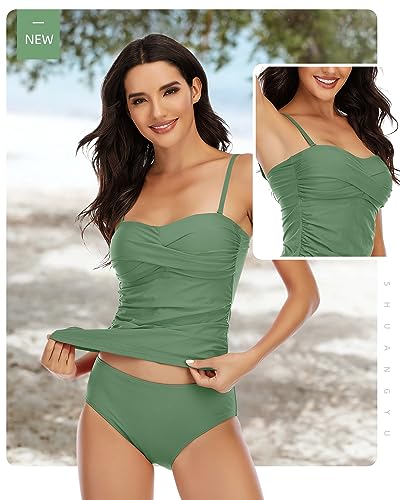 Image of Shuangyu Women's Twist Front Bandeau Tankini Set Two Pieces Ruched Tummy Control Suimsuit with Mid Waist Briefs