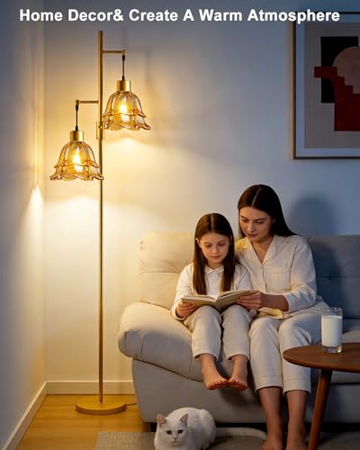 Image of 2-Light Modern Glass Floor Lamp, Gold Tall Standing Lamp with Amber Tulip Glass Shade for Reading, Dimmable LED Floor Lamp with Rotary Switch for Living Room Bedroom Home Decor, Bulb Included