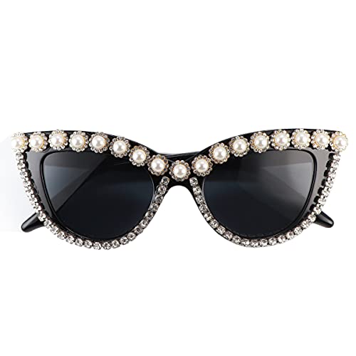 Oversized Cat Eye Sunglasses for Women Handmade Rhinestone Pearl Plastic Frame3