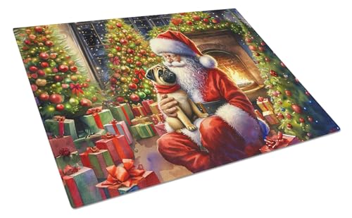 Caroline's Treasures DAC4149LCB Fawn Pug and Santa Claus Glass Cutting Board Decorative Tempered Glass Kitchen Cutting and Serving Board Large Size Chopping Board