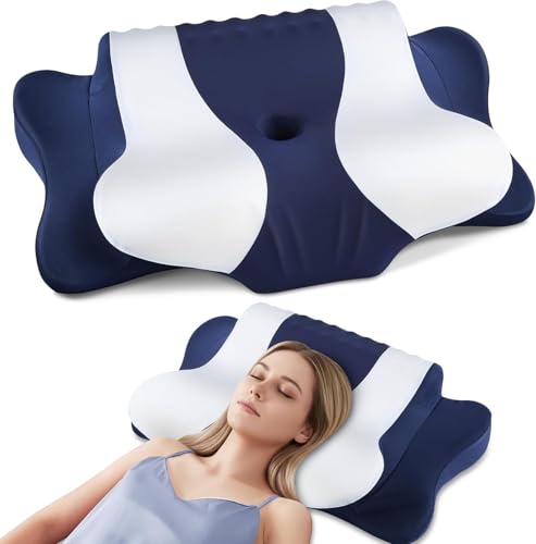 Image of Cervical Neck Pillow for Pain Relief,Cervical Pillow with Memory Foam Ergonomic Pillows with Dual Heights for Back,Stomach and Side Sleepers Kids' Floor Pillows Cushions (Dark Blue, Standard 27 inchx16 inch)