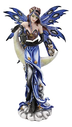 Ebros Fantasy Celestial Bookworm Fairy Carrying Lantern And Owl Sitting On Crescent Moon Clouds And Stars Statue 14" Tall Fairies Nymphs Pixies Collectible Figurine #TOP1