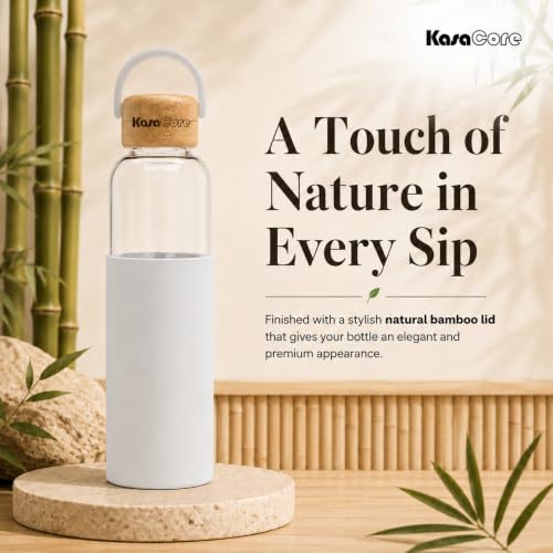 Image of Borosilicate Glass Water Bottle 500 ml | Leakproof Bamboo Lid & Silicone Sleeve | BPA Free Reusable Drinking Bottle for Office, Gym, Travel & Daily Use (White)