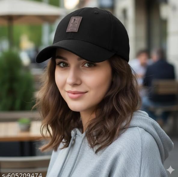 Image of Black Baseball Cap with Leather Patch, Casual Unisex Sports Hat, Adjustable Fit-Free Size