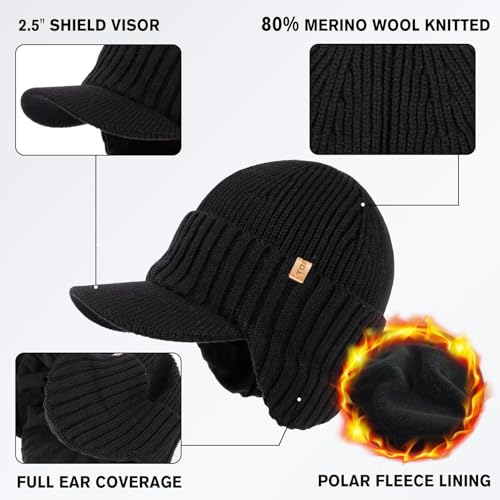 TOP-EX DryKnit™ Waterproof 80% Merino Wool Peaked Beanie Hat Men with Ear Flaps & Fleece Lined, Winter Thermal Golf Visor Beanie Hat for Cold Weather, M-XXL - Image 5