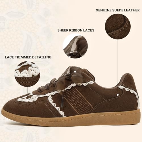 Image of Casual Sneakers for Women Lace Detail Elegant Ribbon Lace-Up Fashion Sneakers with Leather Upper Memory Foam Insole and Trendy Casual Shoes for Women