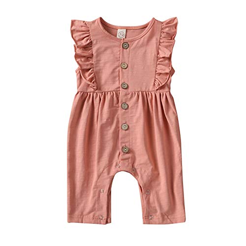 Newborn Baby Girl Outfit Solid Color Ruffle Romper Sleeveless Button Jumpsuit One Piece Bodysuit Clothes Set (Pink, 0-6 Months)