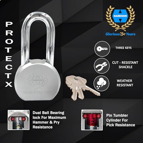 Image of Harrison Padlocks Free Long Shackle Padlock 65Mm 0949 With 3 Round Padlock 60Mm J - Supreme - 0672 Mild Steel Chrome Plated for Door, Shutter, Godown