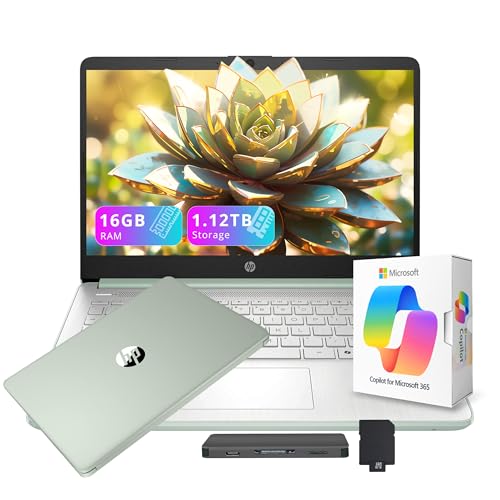 Image of HP Flagship 14 inch HD AI Copilot Laptop for Student&Business, 13th Gen Intel 4-Core, 16GB RAM, 1.12TB Storage (128GB UFS + 1TB Docking Station), 1 Year Office 365, Wi-Fi 6, Win 11 S, Willow Green