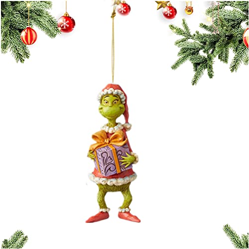 Grinch Décorations de Noël à suspendre pour sapin de Noël - Pendentifs amusants en résine verte - Décoration de Noël pour la maison, les fêtes (Grinch avec cadeau 10 cm) Cover
