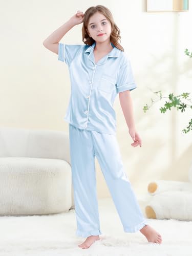 QZH.DUAO Ruffle Satin Pajamas for Girls Set 2 Piece Button Up Pj Sets Soft Pants Lounge Set Loungewear, Blue, 13-14 Years4