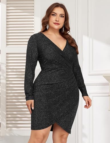 Image of ZOMVA Plus Size 0X-4X Sparkly Glitter Ruched Bodycon Mini Dress Sparkle Sequin Wrap Ruffle Sleeve Dress Cocktail Party Formal
