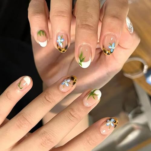 Image of Leopard Print Press on Nails White French Tip Fake Nails Short Almond False Nails with Flower Design Nude Glue on Nails Glossy Acrylic Full Cover Green Grass Stick on Nails for Women Manicure