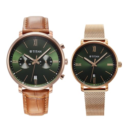 Titan Bandhan Quartz Analog with Date Green Leather and Stainless Steel Strap for Couple-9400794207WZ03P (B0CR3S54B9) Amazon Price History, Amazon Price Tracker
