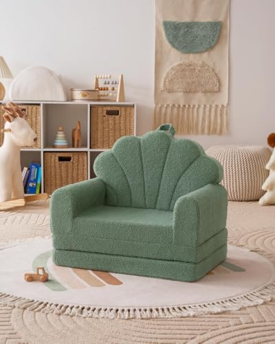 Image of Blissful Diary Foldable Kids Couch, 2-in-1 Kids Sofa Chair, Green Shell | 50.8 inch Fold-Out Play Area, Supportive Foam, Washable Cover, Carry Handle, Pre-Assembled, Kid-Safe Zipper