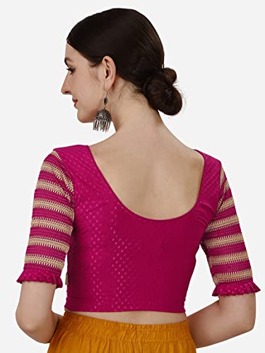 Image of SFT Round Neck Cotton Lycra Stretchable Laced Elbow Sleeves Readymade Saree Blouse for Women Stylish (Shibani
