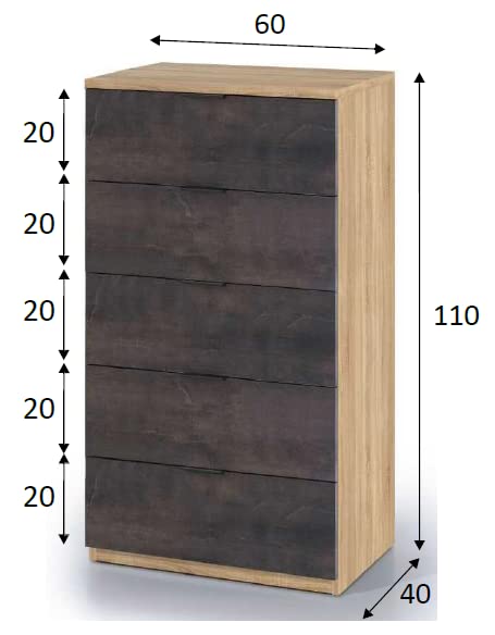 Settimino 110 cm Ossido e Rovere canadese con 5 cassetti - ossido e rovere canadian
