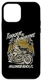 Hollywood Beach Florida USA motocicleta de estilo vintage y coche hotrod con diseño retro de puesta de sol y palmeras. Para los fans de Hollywood Beach, FL. Con una mujer en una motocicleta clásica con un coche hotrod y ambiente de verano.