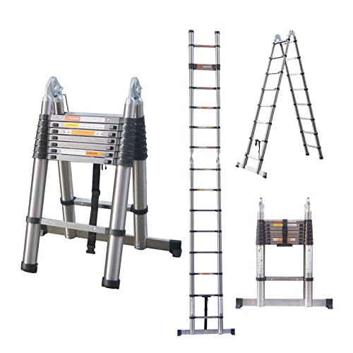 Preisvergleich Produktbild 5m Teleskopleiter Klappleiter (2,5m+2,5m) Mehrzweckleiter Stabilere Edelstahlleiter Ausziehbare Leiter Sicherheit rutschfest für Kletterdach / Hausarbeit / Dachbodennutzung