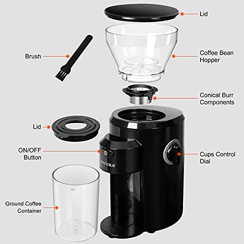 Secura Conical Burr Coffee Grinder, Electric Coffee Grinder with 18 Grind Settings, Adjustable Burr Mill Coffee Bean Grinder for 2-10 Cups - image 8