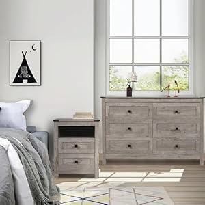 Farmhouse bedroom furniture set rustic wood double dresser chest of drawers 6 drawer chest of drawers wide storage organizer cabinet for bedroom living room 1pc dresser1pc nightstand  urban country home decor