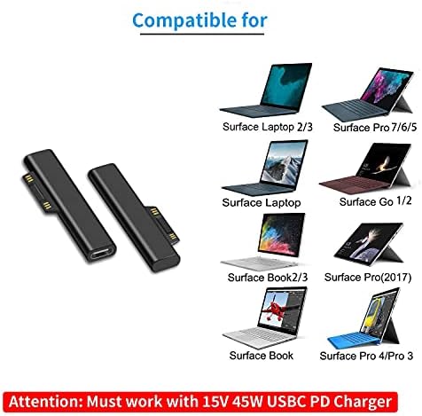 Sisyphy Surface Connect to USB C Charging Adapter(Basic Black,Connector only,1Pack),Compatible for Microsoft Surface Pro 7/6/5/4/3 Go 1/2 Laptop,Works with 45W 15V3A USBC Power Supply