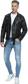Fahsyee Leather Jackets for Men, Faux Bomber Jacket Mens Motorcycle Lapel Asymmetric Zip-Up Belt Slim Fit Biker Coat