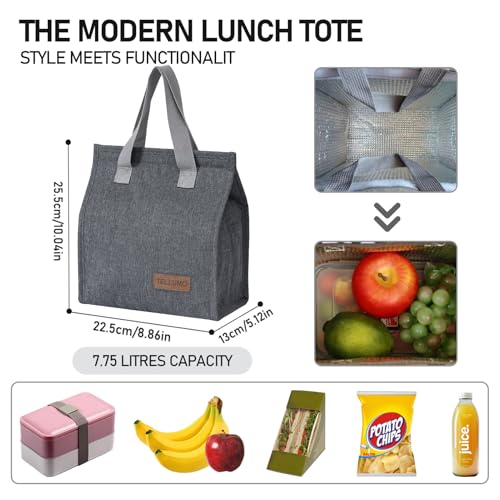 TELLUMO Lunch bag, Insulated Lunch Bag for Women Men Large Lunch Box Container Reusable Leakproof Tote for Office, Work, School, Beach or Travel (Grey)
