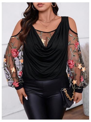 SOLY HUX Women's Plus Size Cold Shoulder Blouse Floral Mesh Long Sleeve Shirts Elegant Tops4