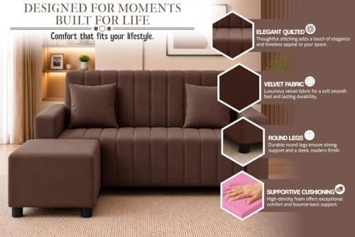 Image of Rosebell 2 Seater Sofa Set with Ottoman | Living Room Couch | with Printed Cushions | Sofa for Home, Office & Apartment-Brown Color