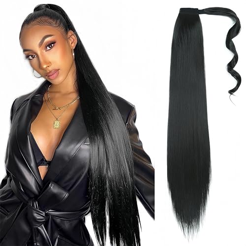 Straight Invisible Ponytail Extension Long Drawstring Pony Tail Hair Clip in Ponytail Extension 26 Inch Natural Pony Tail Hair Extensions Hairpieces for Women Girls-Black