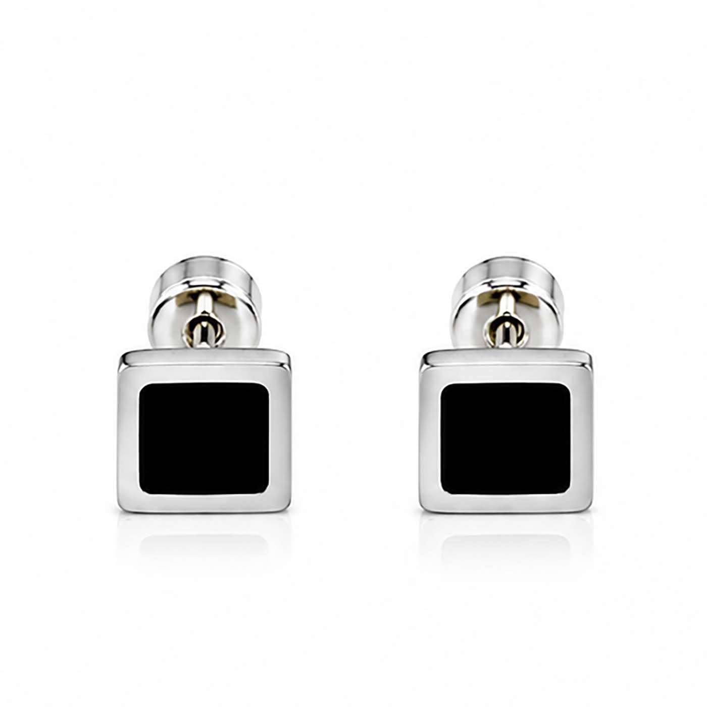 (1 Pair) Unisex Fancy & Stylish Stainless Steel Silver Tone Glossy Finish Elegant Black Square Design Dumbbell/Barbell Stud Ear Piercing Earrings for Men & Women-image-49