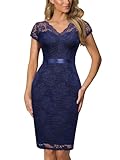Miusol Women's Retro V Neck Elegant Floral Lace Short Sleeve Cocktail Dress (X-Large, Navy Blue)