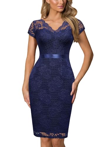 Miusol Women's Retro V Neck Elegant Floral Lace Short Sleeve Cocktail Dress