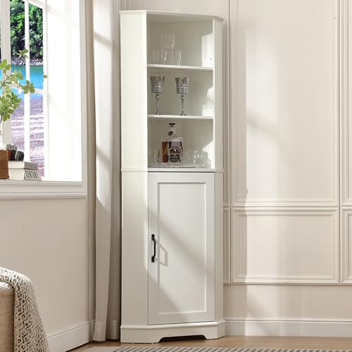 FOREST GRAVITY Mobile angolare alto Mobile sottile Corner Cabinet per soggiorno contenitore per sala da pranzo da bagno stretto con cassetto Ripiani regolabili 42,4 * 13,8 * 166,7 cm Bianco