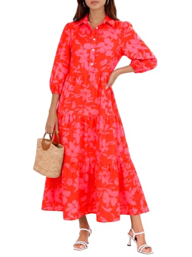 Image of Wenrine Womens Casual 3 /4 Sleeve Shirt Dress Button Down Flowy Maxi Dress