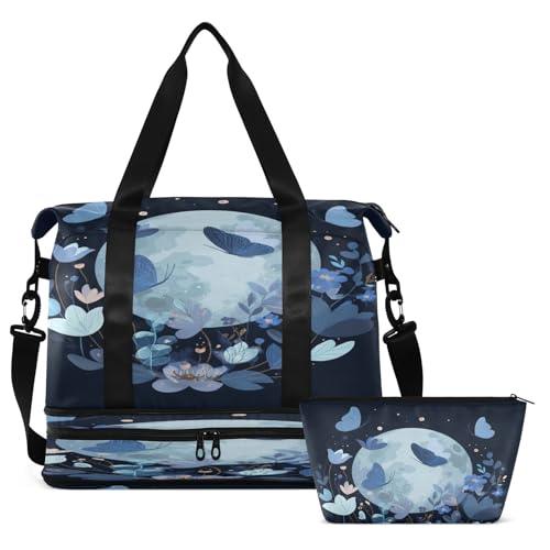 Butterfly Moon Blue Travel Duffel Bag for Women Men Gym Bag with Shoe Compartment Wet Pocket Carry On Weekender Overnight Bags for Travel Weekend Getaway