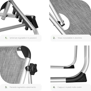 tectake® Sdraio da Spiaggia, Schienale Regolabile in 6 Posizioni, Parasole, Lettino Pieghevole e Trasportabile, Sdraio da giardino, Lettino Prendisole, Pratiche Maniglie (Grigio-Mélange)