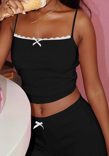 Women's 2 Piece Outfits Sexy Spaghetti Straps Sleeveless Camisole Crop Tops Bodycon Capri Pants Sets3