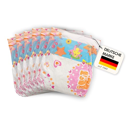 Heless 6375 - Puppenwindeln 6 Stück am Bund Bedruckt mit farbenfrohen Kindermotiven wiederverwendbarer Klettverschluss Größe 28-35 cm