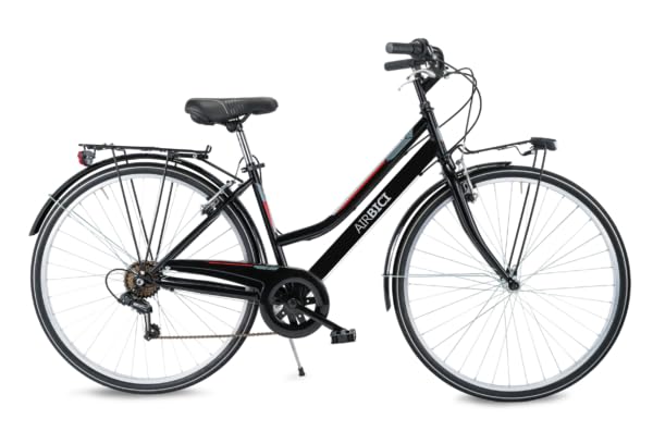 Airbici Bicicleta de Paseo Mujer Fusion Lady 28”. Bicicleta Mujer 6 Velocidades, Cuadro de Acero, Llantas de Aluminio, Luces Led, Portaequipaje, Caballete. (Negra) (Negro)
