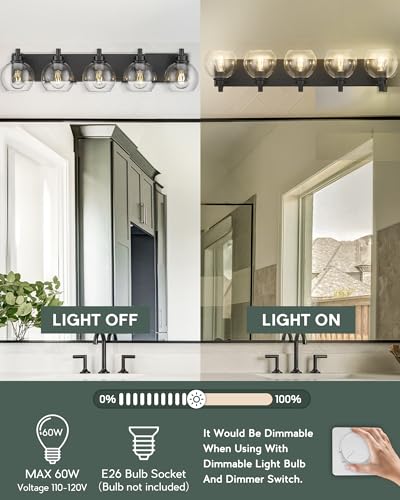 Image of Bathroom Light Fixtures, 5 Light Matte Black Vanity Light, 32 Inch Modern Wall Sconces with Globe Clear Glass Shade, Vanity Lighting Fixtures Over Mirror, VL195-MB-CL-5